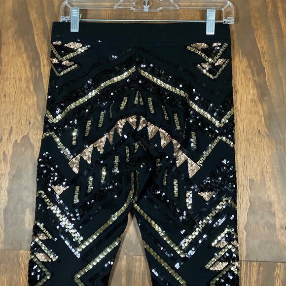 Express Womens Pants Black Gold Sequin High Rise Pull On Legging Stretch Small - Picture 11 of 12